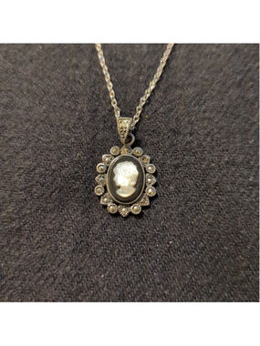 Vintage Sterling Silver Mother of Pearl and Marcasite Cameo Pendant Necklace